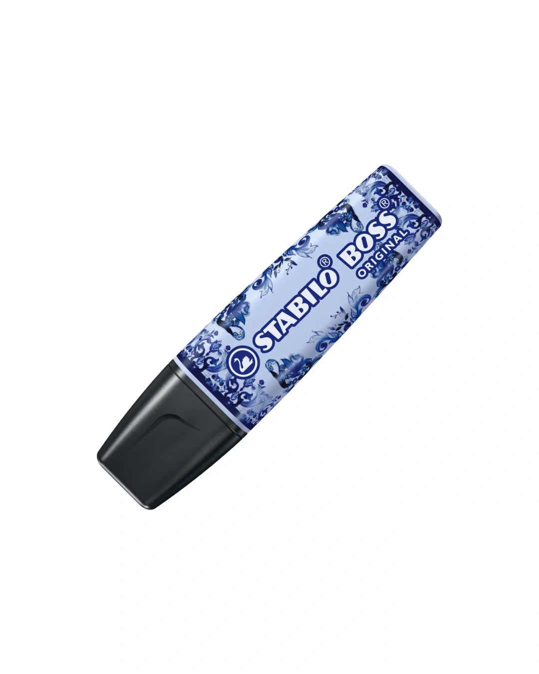 Vier STABILO BOSS markeerstiften met Dolce Gabbana print pastelblauw pastelgeel beige zwart