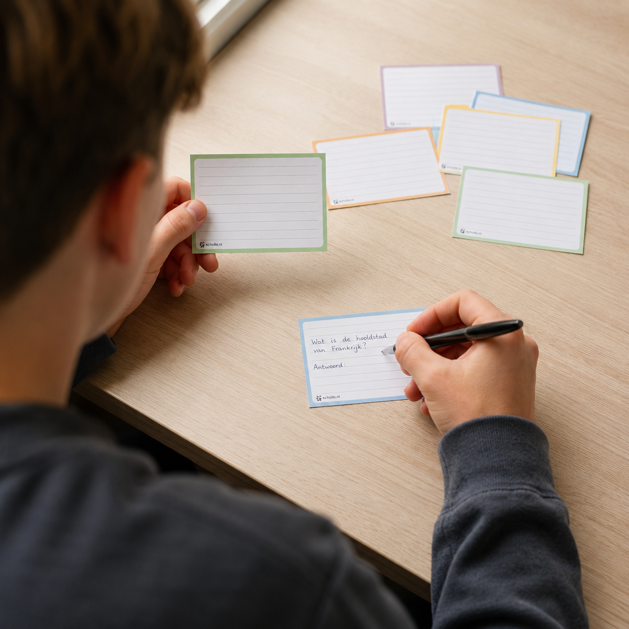 Leerling schrijft studievragen op Scholis flashcards A7 in pastelkleuren — toetsvoorbereiding middelbare school